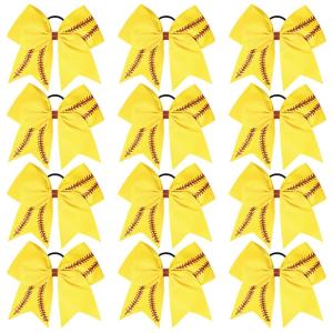 imageDEEKA 12 PCS Softball Cheer Bows with 2 Glitter Stitching Cheerleader Team Bows Elastic Band for Softball Sports Girls Neon YellowRed StitchingYellowRed Stitching