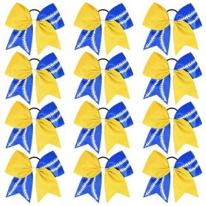 imageDEEKA 12 PCS Softball Cheer Bows with 2 Glitter Stitching Cheerleader Team Bows Elastic Band for Softball Sports Girls Neon YellowRed StitchingYellowRoyal BlueWhite Stitching