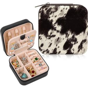 imageDEEKA Western Jewelry Box Case Real Leather Cow Print Cowhide Tooled Travel Jewelry Organizer Gifts Christmas Gifts for Women Country Girls Cowgirl Stuff Portable Travel Accessories BlackBlack Cowhide