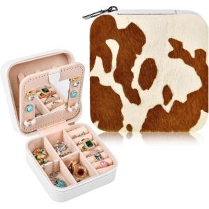 imageDEEKA Western Jewelry Box Case Real Leather Cow Print Cowhide Tooled Travel Jewelry Organizer Gifts Christmas Gifts for Women Country Girls Cowgirl Stuff Portable Travel Accessories BlackWhiteBrown