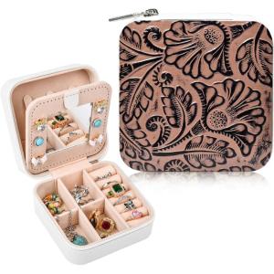 imageDEEKA Western Jewelry Box Case Real Leather Cow Print Cowhide Tooled Travel Jewelry Organizer Gifts Christmas Gifts for Women Country Girls Cowgirl Stuff Portable Travel Accessories BlackBrown Embossed