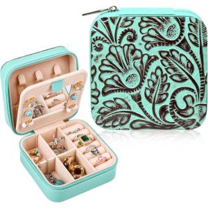 imageDEEKA Western Jewelry Box Case Real Leather Cow Print Cowhide Tooled Travel Jewelry Organizer Gifts Christmas Gifts for Women Country Girls Cowgirl Stuff Portable Travel Accessories BlackGreen Embossed