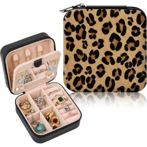 imageDEEKA Western Jewelry Box Case Real Leather Cow Print Cowhide Tooled Travel Jewelry Organizer Gifts Christmas Gifts for Women Country Girls Cowgirl Stuff Portable Travel Accessories BlackBrown Leopard