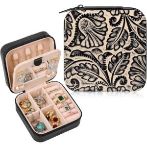 imageDEEKA Western Jewelry Box Case Real Leather Cow Print Cowhide Tooled Travel Jewelry Organizer Gifts Christmas Gifts for Women Country Girls Cowgirl Stuff Portable Travel Accessories BlackBlack Embossed
