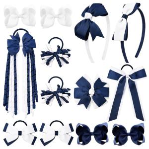 imageDEEKA Navy ampamp White School Hair Accessories Set 13 Pcs Uniform Hair Bow Headband Clips Hair Ties Curly Korker Bows for Little Toddler School Girls NavyampampWhiteNavyWhite