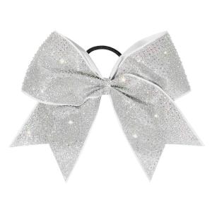 imageDEEKA 1 PCS 8quot Large Glitter Cheer Bows with Iridescent Rhinestones Colorful Stiff Hair Elastic Band Ponytail Holder for Cheerleader Girls Sports WhiteSilver
