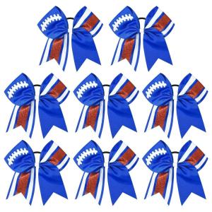 imageDEEKA 8 PCS Football Cheer Bows with Glitter Laces and Stripes Cheerleader Sports Team Bows Elastic Band for Cheerleading Girls MaroonGlitter SilverWhiteRoyal BlueGlitter WhiteRed