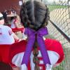 imageDEEKA 12PCS Collegiate Style Cheer Bows with Glitter Chevrons Tail Skinny College Cheerleader Ponytail Holder for Volleyball Softball Girls Hunter GreenBlackWhiteGlitter Purple