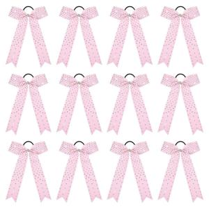 imageDEEKA 12 PCS Glitter Collegiate Style Cheer Bows Long Tail Skinny Shiny Cheer Bow Ponytail Holder Handmade Bows for Girls Teens Cheerleader Sports Light PinkLight Pink