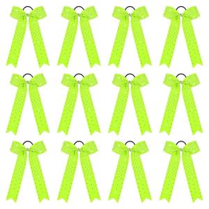 imageDEEKA 12 PCS Glitter Collegiate Style Cheer Bows Long Tail Skinny Shiny Cheer Bow Ponytail Holder Handmade Bows for Girls Teens Cheerleader Sports Light PinkNeon Green