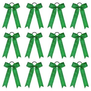 imageDEEKA 12PCS Collegiate Style Cheer Bows with Glitter Chevrons Tail Skinny College Cheerleader Ponytail Holder for Volleyball Softball Girls Hunter GreenBlackWhiteGlitter Green