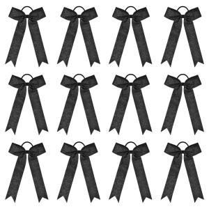 imageDEEKA 12PCS Collegiate Style Cheer Bows with Glitter Chevrons Tail Skinny College Cheerleader Ponytail Holder for Volleyball Softball Girls Hunter GreenBlackWhiteGlitter Black