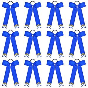 imageDEEKA 12PCS Collegiate Style Cheer Bows with Glitter Chevrons Tail Skinny College Cheerleader Ponytail Holder for Volleyball Softball Girls Hunter GreenBlackWhiteRoyal BlueGlitter GoldWhite