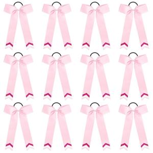 imageDEEKA 12PCS Collegiate Style Cheer Bows with Glitter Chevrons Tail Skinny College Cheerleader Ponytail Holder for Volleyball Softball Girls Hunter GreenBlackWhiteLight PinkGlitter Hot PinkWhite