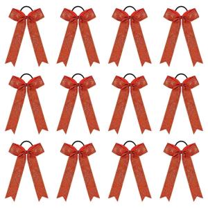 imageDEEKA 12PCS Collegiate Style Cheer Bows with Glitter Chevrons Tail Skinny College Cheerleader Ponytail Holder for Volleyball Softball Girls Hunter GreenBlackWhiteGlitter Red