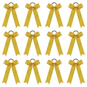 imageDEEKA 12PCS Collegiate Style Cheer Bows with Glitter Chevrons Tail Skinny College Cheerleader Ponytail Holder for Volleyball Softball Girls Hunter GreenBlackWhiteGlitter Gold
