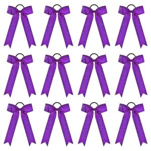 imageDEEKA 12PCS Collegiate Style Cheer Bows with Glitter Chevrons Tail Skinny College Cheerleader Ponytail Holder for Volleyball Softball Girls Hunter GreenBlackWhiteGlitter Purple