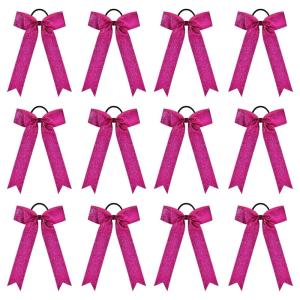 imageDEEKA 12PCS Collegiate Style Cheer Bows with Glitter Chevrons Tail Skinny College Cheerleader Ponytail Holder for Volleyball Softball Girls Hunter GreenBlackWhiteGlitter Hot Pink
