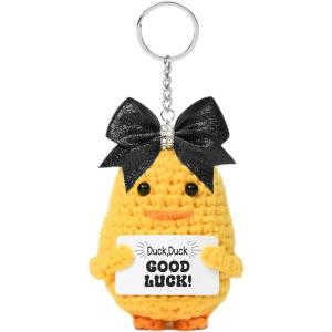 imageDEEKA Crochet Cheer Duck with Bow Cheer Gifts Bag Accessories Essentials Keychain for Backpack Cheerleading Team GiftsGlitter Black Bow