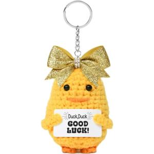 imageDEEKA Crochet Cheer Duck with Bow Cheer Gifts Bag Accessories Essentials Keychain for Backpack Cheerleading Team GiftsGlitter Gold Bow