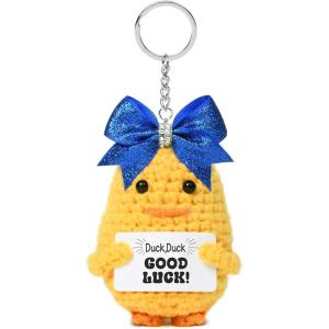 imageDEEKA Crochet Cheer Duck with Bow Cheer Gifts Bag Accessories Essentials Keychain for Backpack Cheerleading Team GiftsGlitter Royal Blue Bow