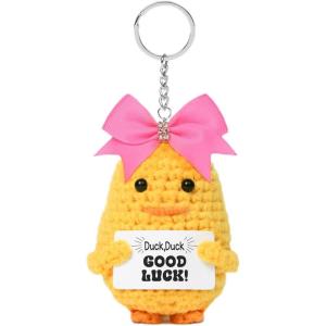 imageDEEKA Crochet Cheer Duck with Bow Cheer Gifts Bag Accessories Essentials Keychain for Backpack Cheerleading Team GiftsPink Bow