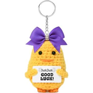 imageDEEKA Crochet Cheer Duck with Bow Cheer Gifts Bag Accessories Essentials Keychain for Backpack Cheerleading Team GiftsPurple Bow
