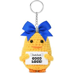 imageDEEKA Crochet Cheer Duck with Bow Cheer Gifts Bag Accessories Essentials Keychain for Backpack Cheerleading Team GiftsRoyal Blue Bow