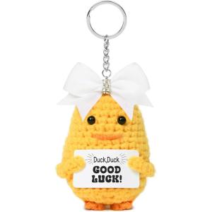 imageDEEKA Crochet Cheer Duck with Bow Cheer Gifts Bag Accessories Essentials Keychain for Backpack Cheerleading Team GiftsWhite Bow
