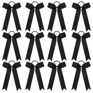 imageDEEKA 12 PCS Collegiate Style Cheer Bows Long Tail Skinny Ponytail Holder Handmade for Girls Teens Softball Cheerleader Sports RedBlack
