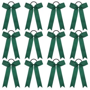 imageDEEKA 12 PCS Collegiate Style Cheer Bows Long Tail Skinny Ponytail Holder Handmade for Girls Teens Softball Cheerleader Sports RedForest Green