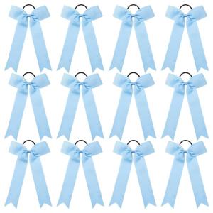 imageDEEKA 12 PCS Collegiate Style Cheer Bows Long Tail Skinny Ponytail Holder Handmade for Girls Teens Softball Cheerleader Sports RedLight Blue