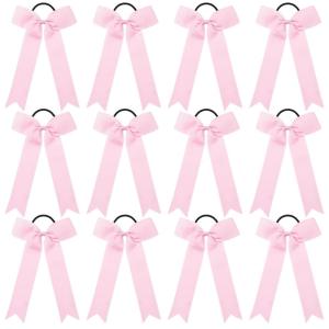 imageDEEKA 12 PCS Collegiate Style Cheer Bows Long Tail Skinny Ponytail Holder Handmade for Girls Teens Softball Cheerleader Sports RedLight Pink