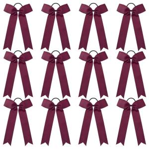 imageDEEKA 12 PCS Collegiate Style Cheer Bows Long Tail Skinny Ponytail Holder Handmade for Girls Teens Softball Cheerleader Sports RedMaroon