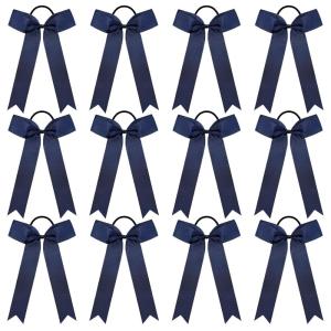 imageDEEKA 12 PCS Collegiate Style Cheer Bows Long Tail Skinny Ponytail Holder Handmade for Girls Teens Softball Cheerleader Sports RedNavy Blue