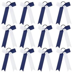 imageDEEKA 12 PCS Collegiate Style Cheer Bows Long Tail Skinny Ponytail Holder Handmade for Girls Teens Softball Cheerleader Sports RedNavy BlueWhite