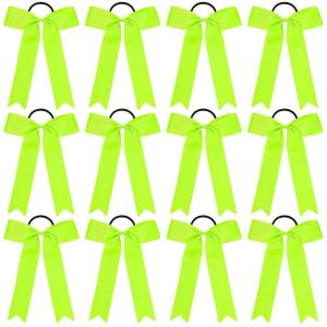 imageDEEKA 12 PCS Collegiate Style Cheer Bows Long Tail Skinny Ponytail Holder Handmade for Girls Teens Softball Cheerleader Sports RedNeon Green