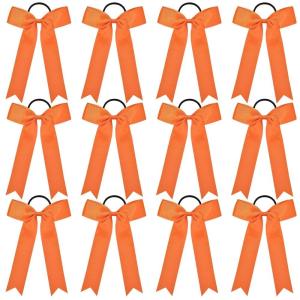 imageDEEKA 12 PCS Collegiate Style Cheer Bows Long Tail Skinny Ponytail Holder Handmade for Girls Teens Softball Cheerleader Sports RedOrange