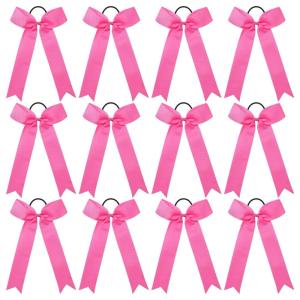 imageDEEKA 12 PCS Collegiate Style Cheer Bows Long Tail Skinny Ponytail Holder Handmade for Girls Teens Softball Cheerleader Sports RedPink