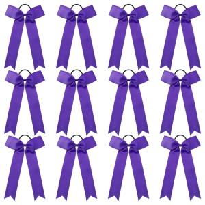imageDEEKA 12 PCS Collegiate Style Cheer Bows Long Tail Skinny Ponytail Holder Handmade for Girls Teens Softball Cheerleader Sports RedPurple