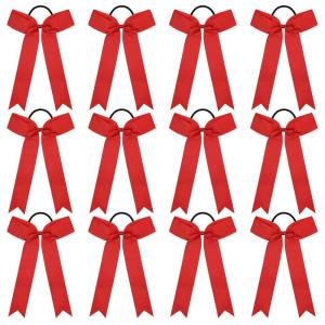 imageDEEKA 12 PCS Collegiate Style Cheer Bows Long Tail Skinny Ponytail Holder Handmade for Girls Teens Softball Cheerleader Sports RedRed