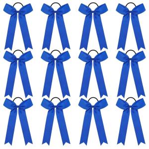 imageDEEKA 12 PCS Collegiate Style Cheer Bows Long Tail Skinny Ponytail Holder Handmade for Girls Teens Softball Cheerleader Sports RedRoyal Blue