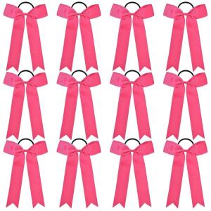 imageDEEKA 12 PCS Collegiate Style Cheer Bows Long Tail Skinny Ponytail Holder Handmade for Girls Teens Softball Cheerleader Sports RedShocking Pink