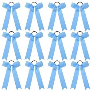 imageDEEKA 12 PCS Collegiate Style Cheer Bows Long Tail Skinny Ponytail Holder Handmade for Girls Teens Softball Cheerleader Sports RedSky Blue