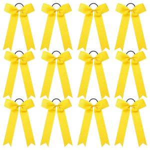 imageDEEKA 12 PCS Collegiate Style Cheer Bows Long Tail Skinny Ponytail Holder Handmade for Girls Teens Softball Cheerleader Sports RedYellow