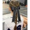 imageDEEKA Long Tail Rhinestones Cheer Bows 12 PCS Collegiate Style Full Rhinestone Skinny Ponytail Holder Handmade for Girls Teens Cheerleader Sports PurpleBlack