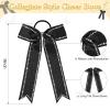 imageDEEKA Long Tail Rhinestones Cheer Bows 12 PCS Collegiate Style Full Rhinestone Skinny Ponytail Holder Handmade for Girls Teens Cheerleader Sports PurpleBlack
