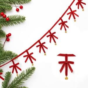 imageDEEKA 65 Feet Red Velvet Hanging Decorations for Christmas Ribbon Bows with Jingle Bell Xmas Tree Decor Long Vintage Wall Garland Fireplace Ornaments for Home Holiday RedRed