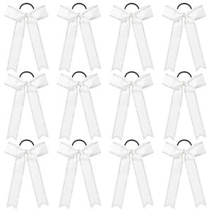 imageDEEKA Long Tail Rhinestones Cheer Bows 12 PCS Collegiate Style Full Rhinestone Skinny Ponytail Holder Handmade for Girls Teens Cheerleader Sports PurpleWhite