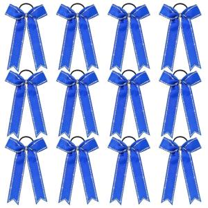 imageDEEKA Long Tail Rhinestones Cheer Bows 12 PCS Collegiate Style Full Rhinestone Skinny Ponytail Holder Handmade for Girls Teens Cheerleader Sports PurpleRoyal Blue